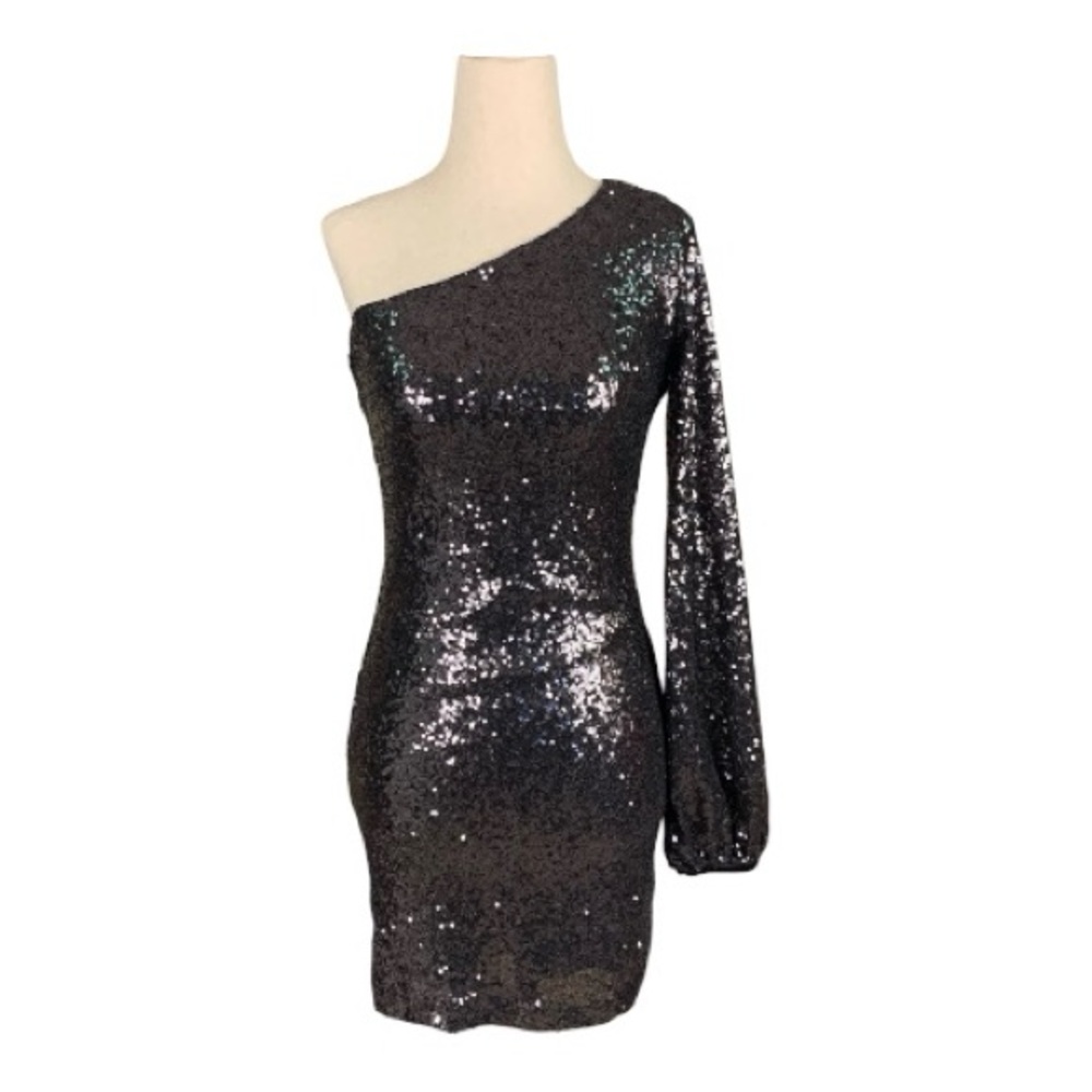 Hello Molly One Shoulder Sequin Black Mini Party Dress Bodycon Cocktail Size Med